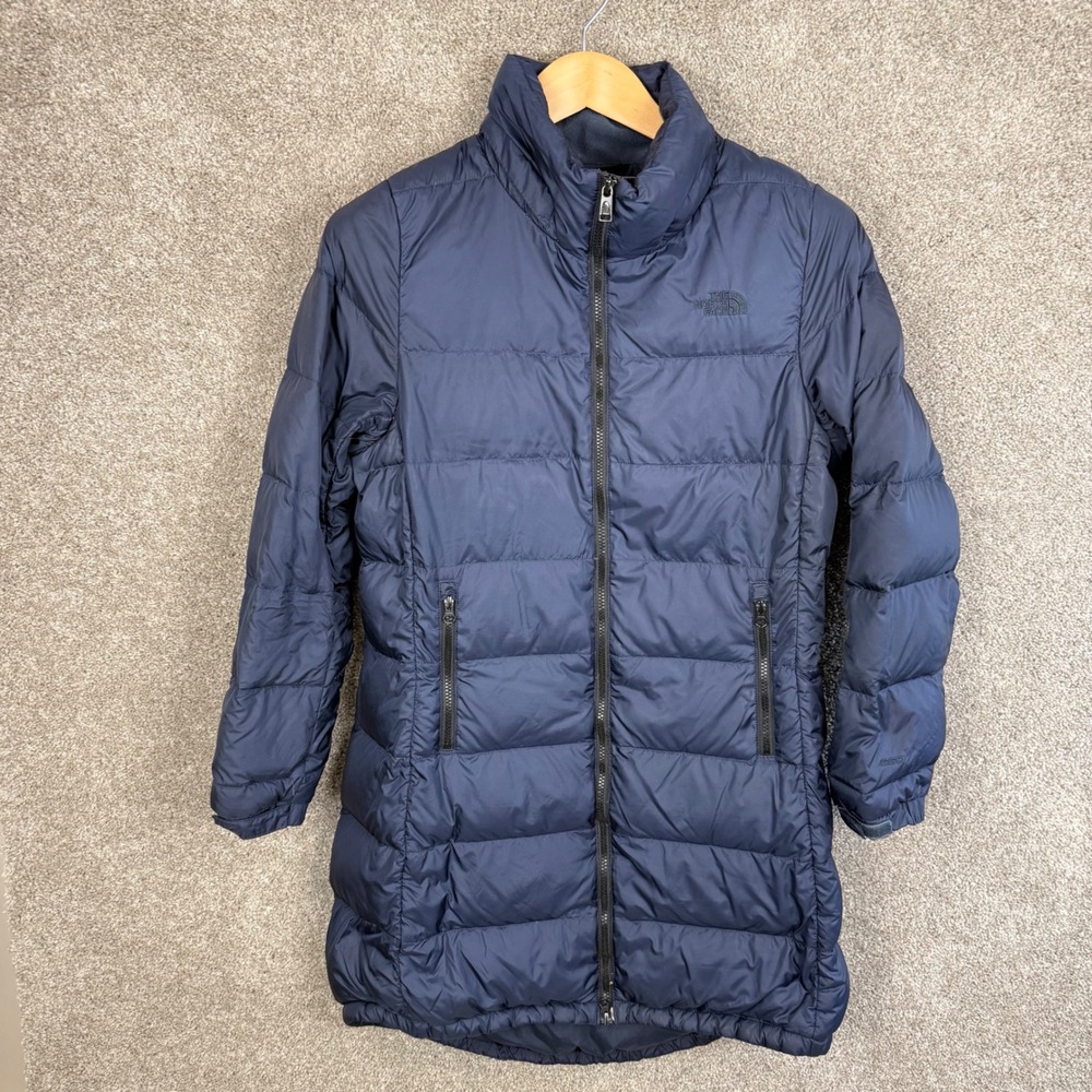 The North Face Womens 550 Down Long Puffer Parka Jacket Navy Blue Medium